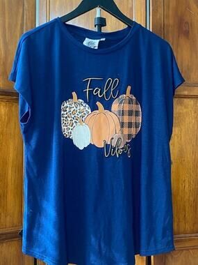 Joei & I Womens XL Fall Vibes Pumpkin Graphic Tee Navy Short Sleeve Stretch Top